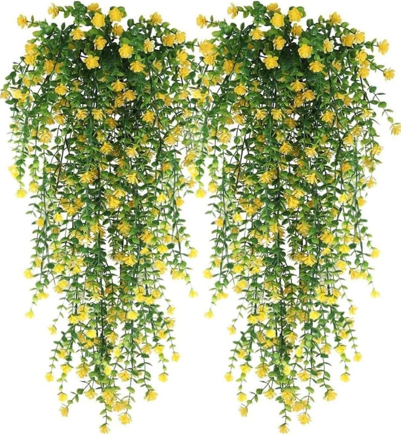 VRB Dec 2 Pcs Artificial Dry Baby's Breath Greenery Hanging Plants Vines Fake Ivy Hanging Flowers Vine Wall Hanging for Home Decor,Wall,Balcony Decoration. (4, Yellow Euclyptus Fern Hanging) - Image 1
