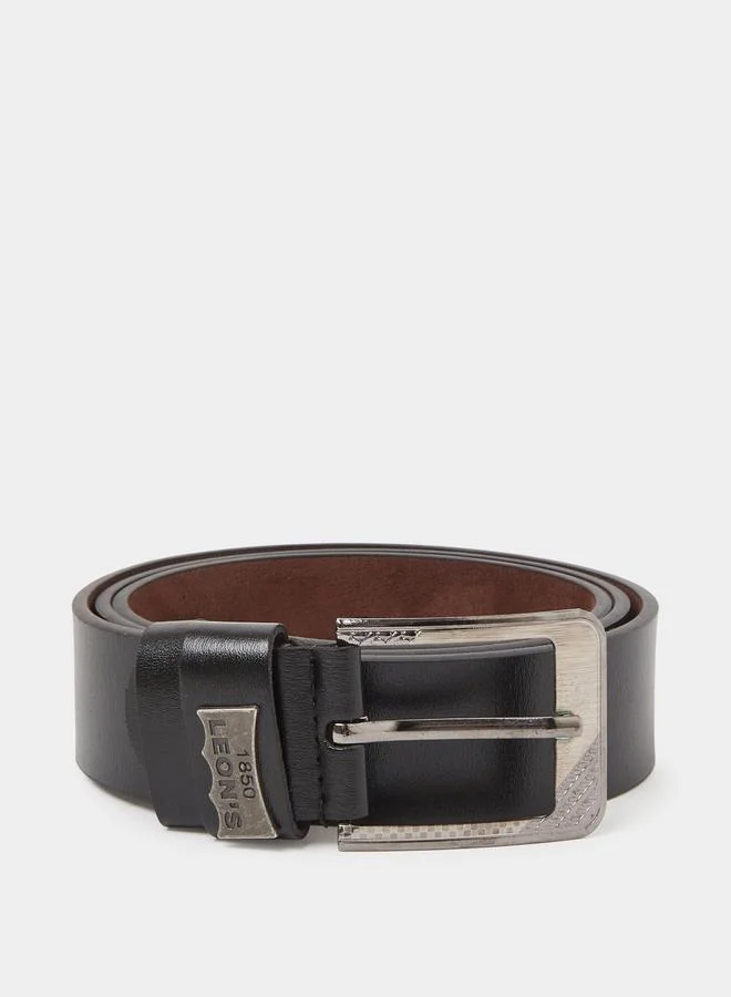 Styli Black Solid Faux Leather Belt with Engraved Buckle