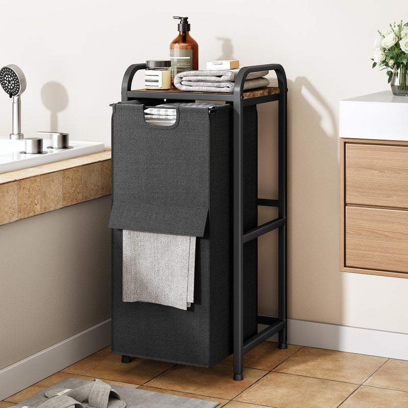 Kitstorack Laundry Hamper, Laundry Basket, Laundry Sorter with a Pull-Out and Removable Bag, Shelf, Metal Frame, 17 Gallons (62 L), Ink Black and Rustic Brown - Image 1