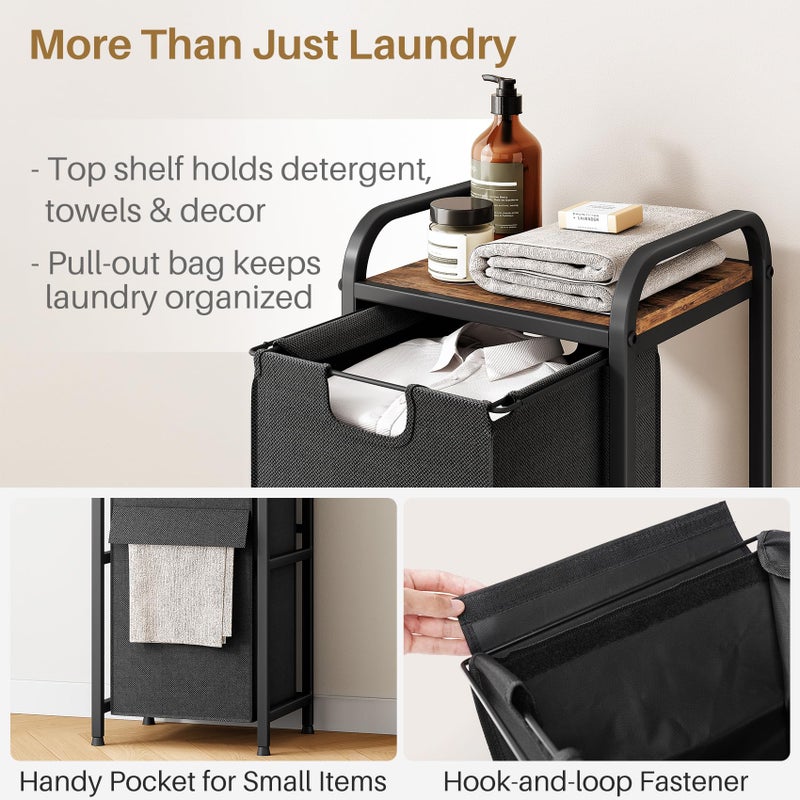 Kitstorack Laundry Hamper, Laundry Basket, Laundry Sorter with a Pull-Out and Removable Bag, Shelf, Metal Frame, 17 Gallons (62 L), Ink Black and Rustic Brown - Image 5