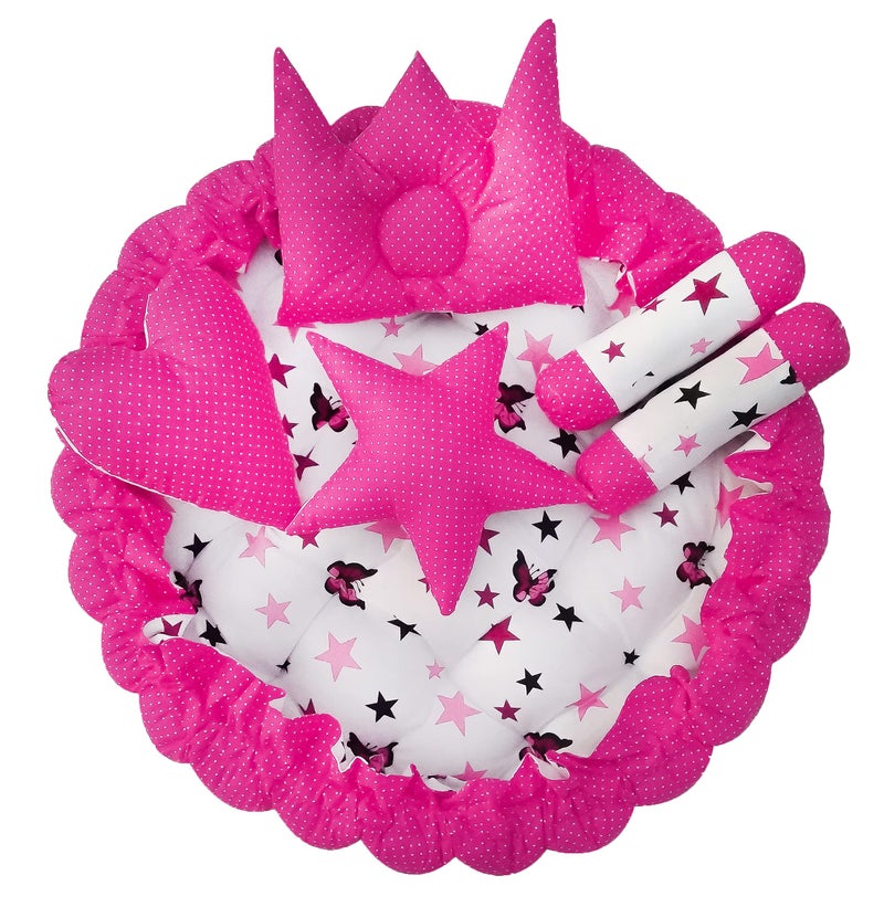 LOREM Pink 5 Pillows & Round Shape Cotton Baby Bed for 0-1 Year BB03-CMC - Image 1