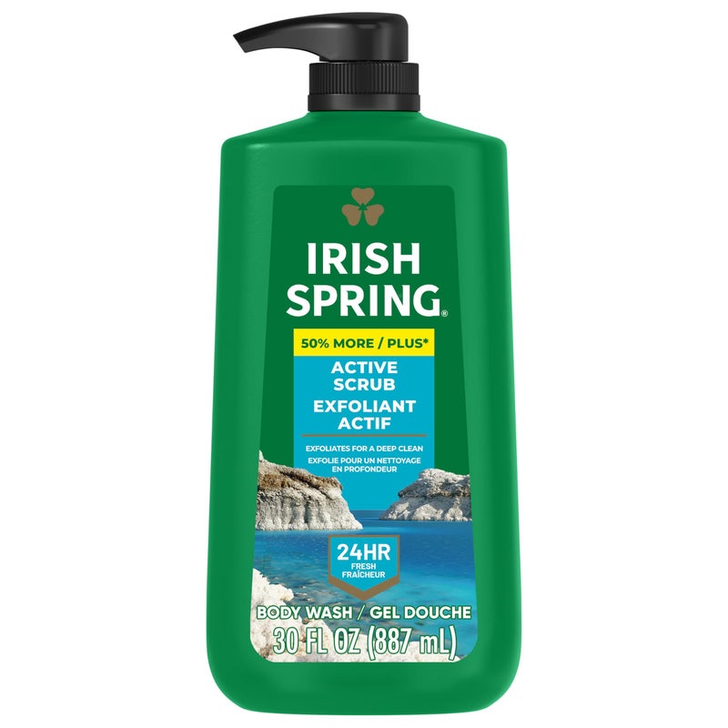 Irish Spring Active Scrub Exfoliating Body Wash for Men, 24-Hour Fresh, Biodegradable Ingredients, Paraben Free, Cool Fresh Scent, 30 fl oz Pump Bottle - Image 1