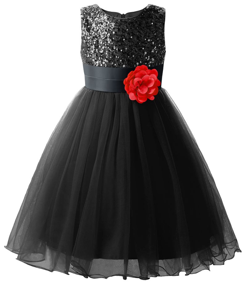 Uhnice Sequin Sleeveless Tulle Mesh Flower Girl Party Dress (5, Black) - Image 1