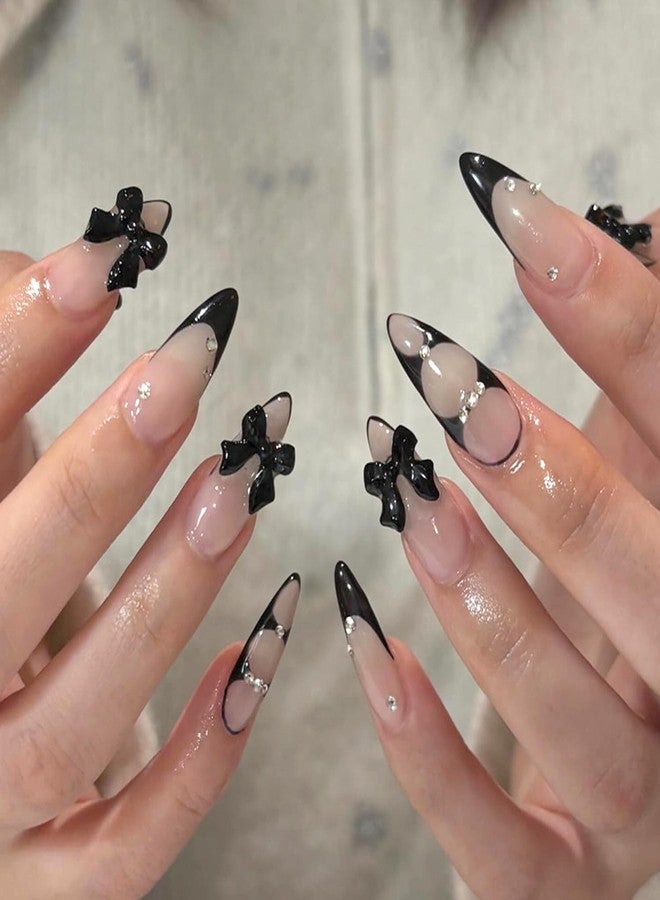 KZBTRBT 24Pcs Black Bow Press on Nails Long Stiletto Black French Tip Fake Nails with 3D Rhinestone Design Bow-Knot False Nails Nude Glossy Full Cover Cute Bows Acrylic Stick on Nails for Women Manicure Decor - Image 1