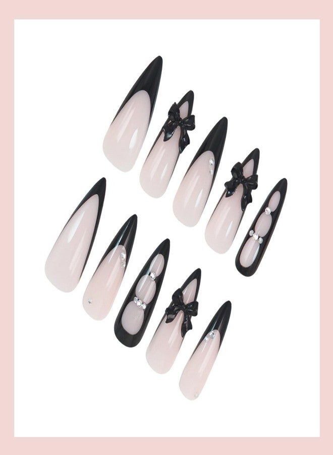 KZBTRBT 24Pcs Black Bow Press on Nails Long Stiletto Black French Tip Fake Nails with 3D Rhinestone Design Bow-Knot False Nails Nude Glossy Full Cover Cute Bows Acrylic Stick on Nails for Women Manicure Decor - Image 3