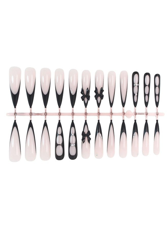 KZBTRBT 24Pcs Black Bow Press on Nails Long Stiletto Black French Tip Fake Nails with 3D Rhinestone Design Bow-Knot False Nails Nude Glossy Full Cover Cute Bows Acrylic Stick on Nails for Women Manicure Decor - Image 4