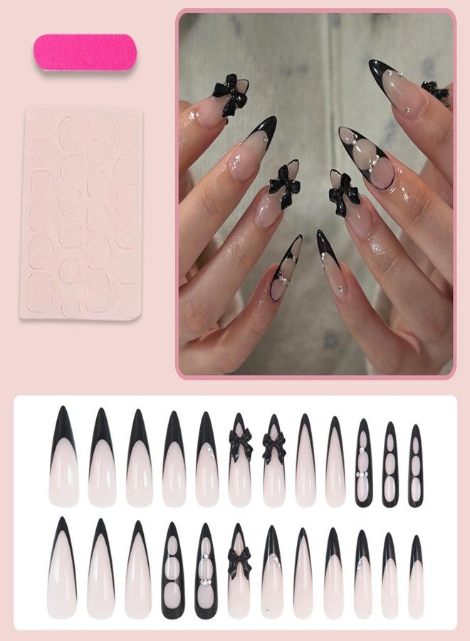 KZBTRBT 24Pcs Black Bow Press on Nails Long Stiletto Black French Tip Fake Nails with 3D Rhinestone Design Bow-Knot False Nails Nude Glossy Full Cover Cute Bows Acrylic Stick on Nails for Women Manicure Decor - Image 2