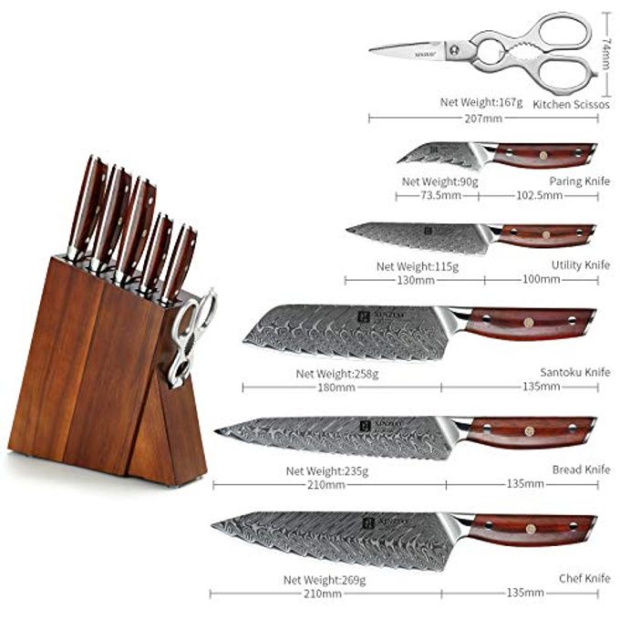 XINZUO 7Pc Kitchen Knife Set With Block Wooden, Professional Damascus Steel Chef Knife Santoku Bread Utility Fruit Knife With Multifunctional Kitchen Shears,Ergonomic Rosewood Handleyi Series - Image 2