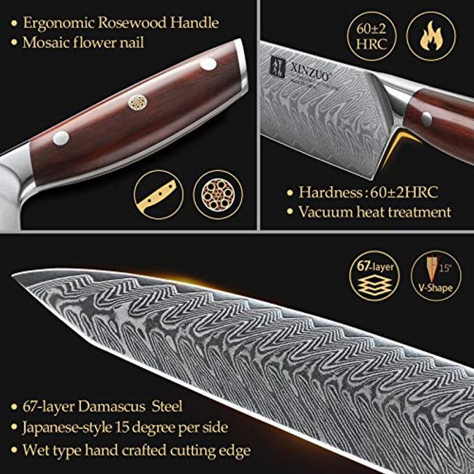 XINZUO 7Pc Kitchen Knife Set With Block Wooden, Professional Damascus Steel Chef Knife Santoku Bread Utility Fruit Knife With Multifunctional Kitchen Shears,Ergonomic Rosewood Handleyi Series - Image 3