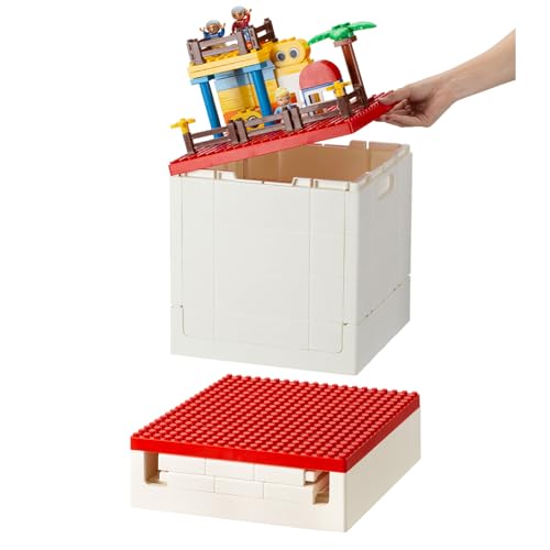 SHIMOYAMA Collapsible Storage Box with Building Baseplate Lid for Duplo Blocks, 26 Qt. Stackable Bricks Storage Bins for MEGA BLOKS, 25L Folding Utility Container for Lego Duplo Bricks, Red - Image 1