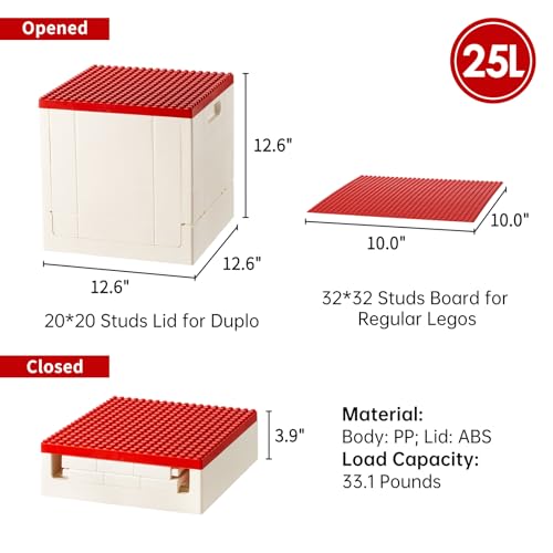 SHIMOYAMA Collapsible Storage Box with Building Baseplate Lid for Duplo Blocks, 26 Qt. Stackable Bricks Storage Bins for MEGA BLOKS, 25L Folding Utility Container for Lego Duplo Bricks, Red - Image 3