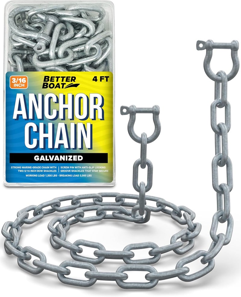 Better Boat Galvanized Anchor Chain with Bow Shackles - 4 FT x 3/16 Inch - Image 1