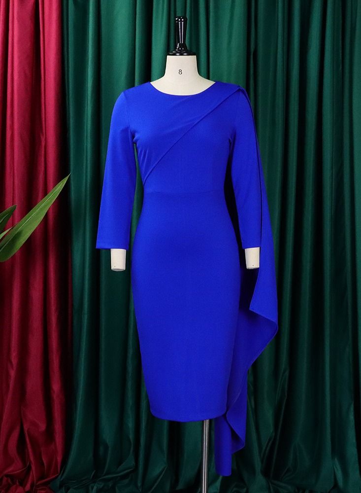 Loquat New Style Temperament Solid Color Tonle Dress Blue 