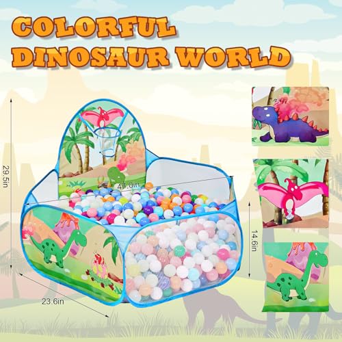 LOJETON Kids Ball Pit Pop Up 3Children Play Tent Toddler Ball Pool Baby Crawl Playpen with Basketball Hoop Portable Toys for Girls Boys 4ft120cm Balls Not Included Dinosaur World - Image 5