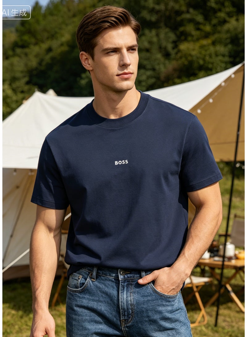 BOSS Men's Loose Fit Cotton Crew Neck T-Shirt with Logo Print - Navy Blue - Image 4