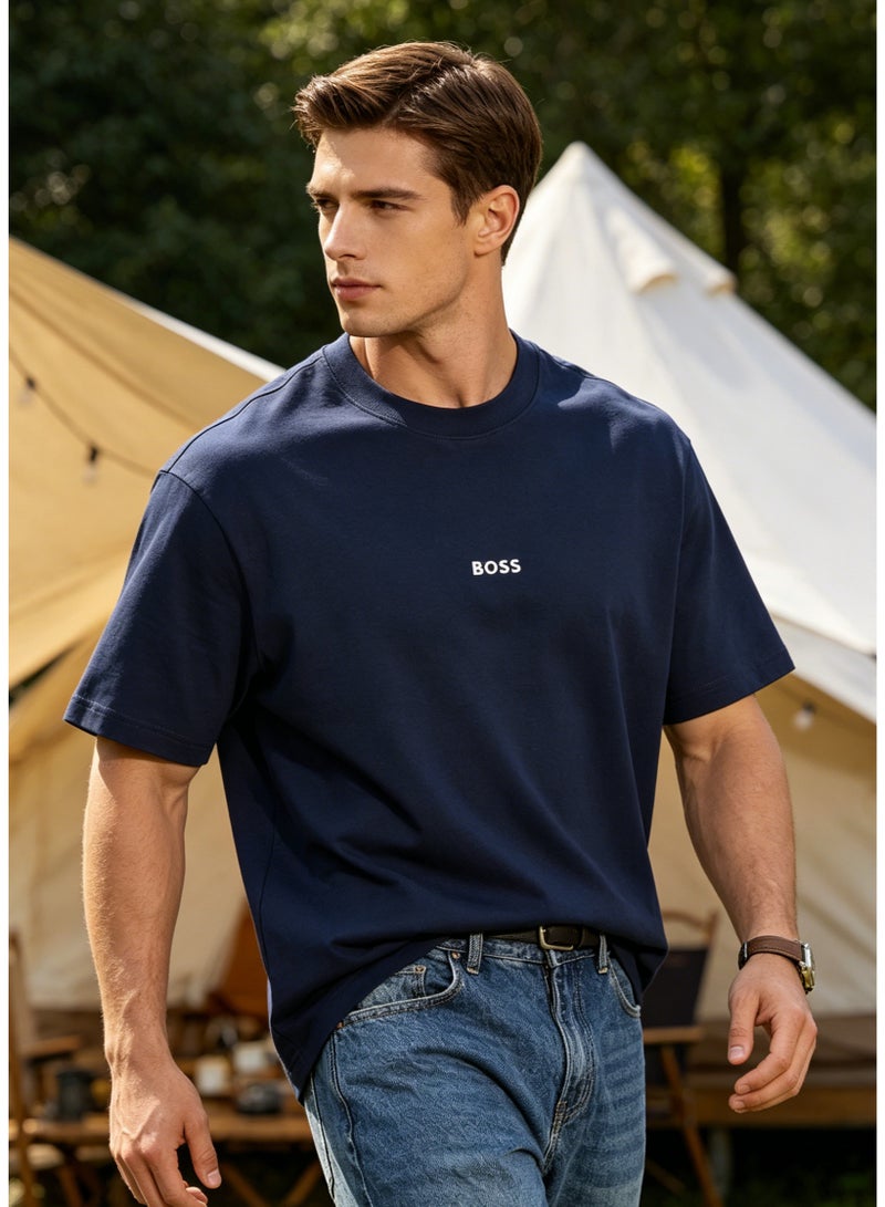 BOSS Men's Loose Fit Cotton Crew Neck T-Shirt with Logo Print - Navy Blue - Image 5