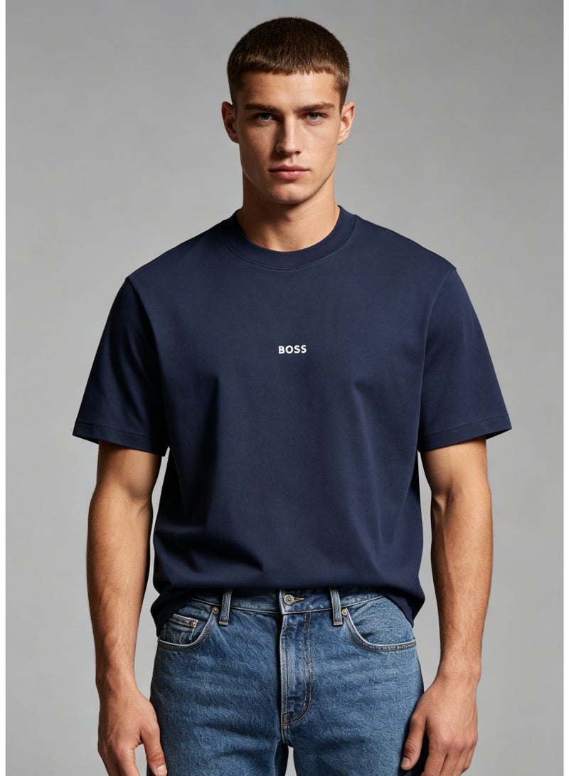 BOSS Men's Loose Fit Cotton Crew Neck T-Shirt with Logo Print - Navy Blue - Image 1