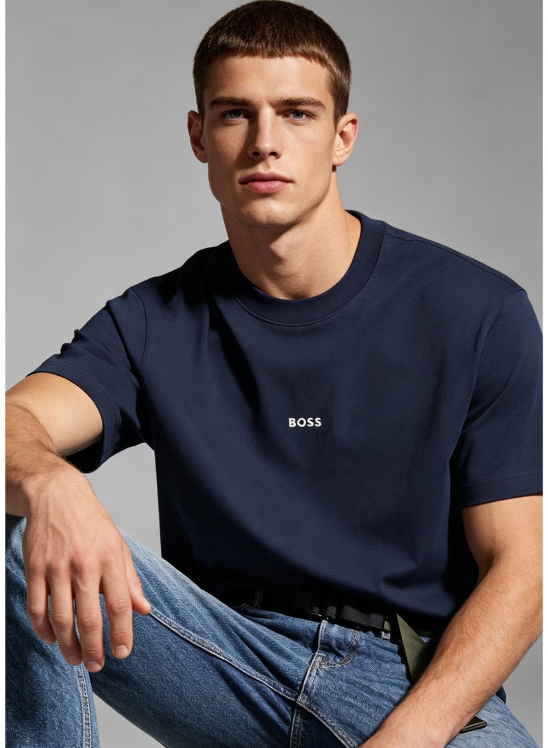 BOSS Men's Loose Fit Cotton Crew Neck T-Shirt with Logo Print - Navy Blue - Image 3
