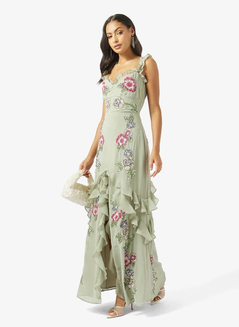Maya  Embellished Ruffle Detail Sleeveless Maxi Dress for Women | Best Price UAE