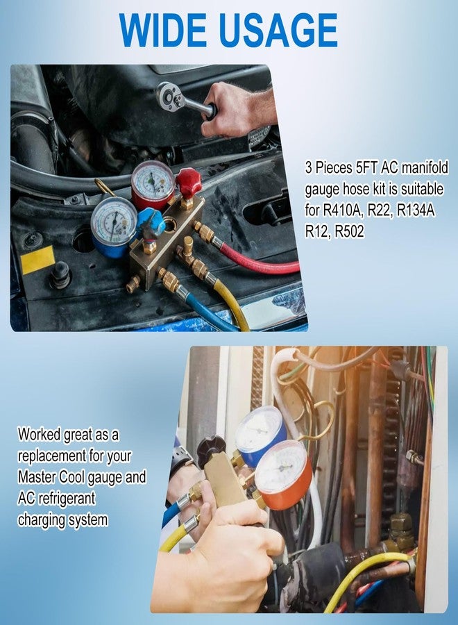 Tigbear 3 Pieces AC Manifold Gauge Hose Kit, R410A Refrigerant Charging Hoses 1/4 SAE, 5FT AC Manifold Gauge Hose Kit for R134A R410A R22 R404A, A/C Charging Hose - Image 4