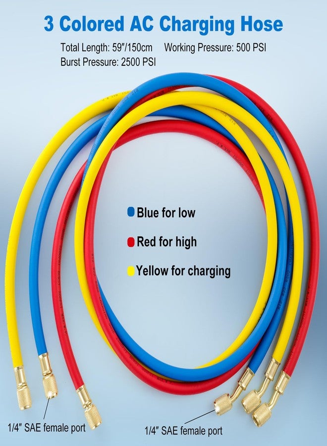 Tigbear 3 Pieces AC Manifold Gauge Hose Kit, R410A Refrigerant Charging Hoses 1/4 SAE, 5FT AC Manifold Gauge Hose Kit for R134A R410A R22 R404A, A/C Charging Hose - Image 2
