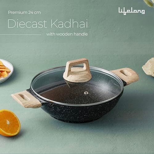 Lifelong Die-Cast Kadhai 24cm with Glass Lid & Wooden Spatula | 1.9L, 1.5Kg | Gas & Induction Compatible | Even Heat Distribution, Toxin & Teflon Free, Non-Stick, & Durable | Perfect for Cooking - Image 2