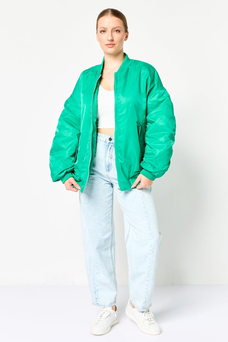 promod Women Plain Bomber Jacket, Green - Image 3