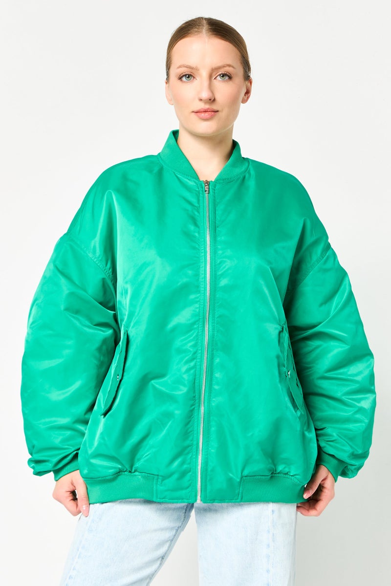 promod Women Plain Bomber Jacket, Green - Image 1