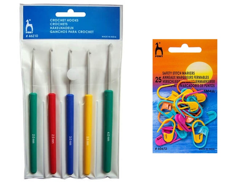 PONY Knitting Crochet Hooks Needle Set of 5, Ergonomic Knitting Needle Set with Crochet Locking Stitch Markers(25 Pcs), Soft Grip Handles Hooks 2.0mm-4.0mm Length 14cm - Image 1