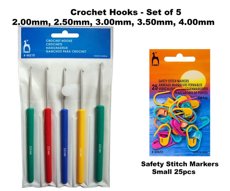 PONY Knitting Crochet Hooks Needle Set of 5, Ergonomic Knitting Needle Set with Crochet Locking Stitch Markers(25 Pcs), Soft Grip Handles Hooks 2.0mm-4.0mm Length 14cm - Image 2