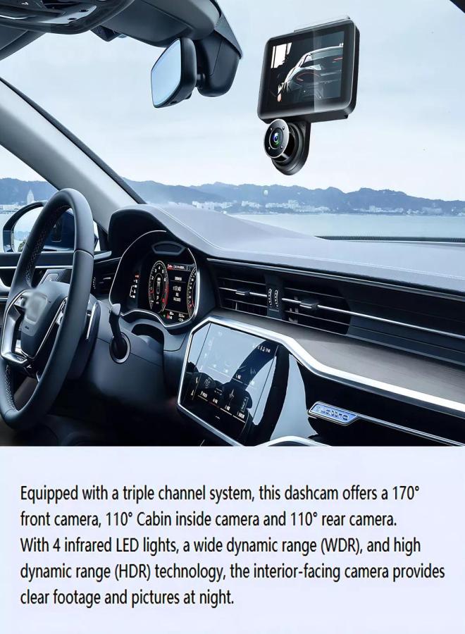 1080P+480P+480P Three Channel Dash Cam with 170°+110°+110° Perspective, 4 Inch Screen, 12 Million Pixels, 4 Infrared LED Lights, WDR, HDR, Up to 128GB Memory Card Compatibility, 115*100mm Size, Includes 1 Dash Cam, 1 Rear Camera, 1 Car Power Cord - Image 4