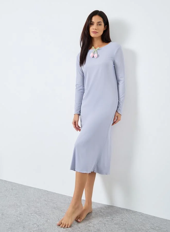 Take Two Take Two Long Sleeve Ribbed Nightdress with Floral Detail