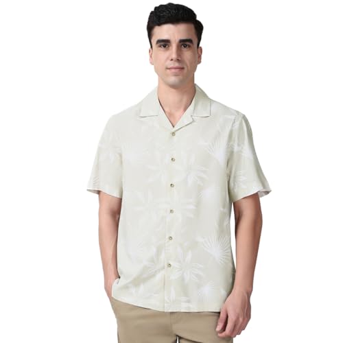 Peter England Men’s Floral Print Shirt – Cuban Collar, Half Sleeves | Cotton Blend | Casual Wear Beige - Image 1