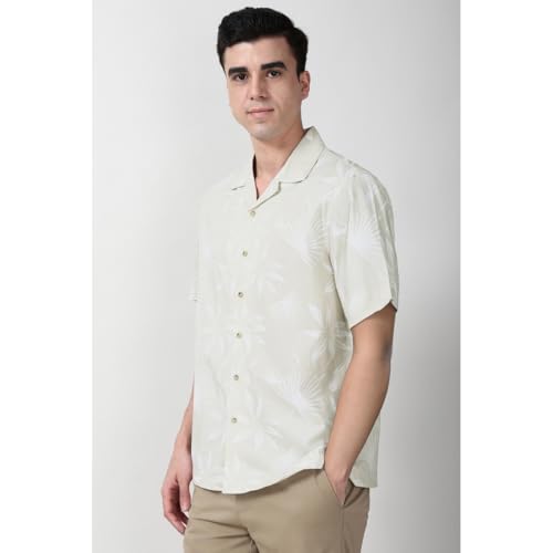 Peter England Men’s Floral Print Shirt – Cuban Collar, Half Sleeves | Cotton Blend | Casual Wear Beige - Image 2