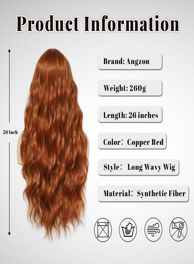 Angzon Copper Red Ginger Wig 26 Inch Long Wavy Wigs for Women - Auburn Wig Heat Resistant Synthetic Hair Middle Part Curly Wig Natural Look for Daily Party Cosplay Costume Use - Image 2