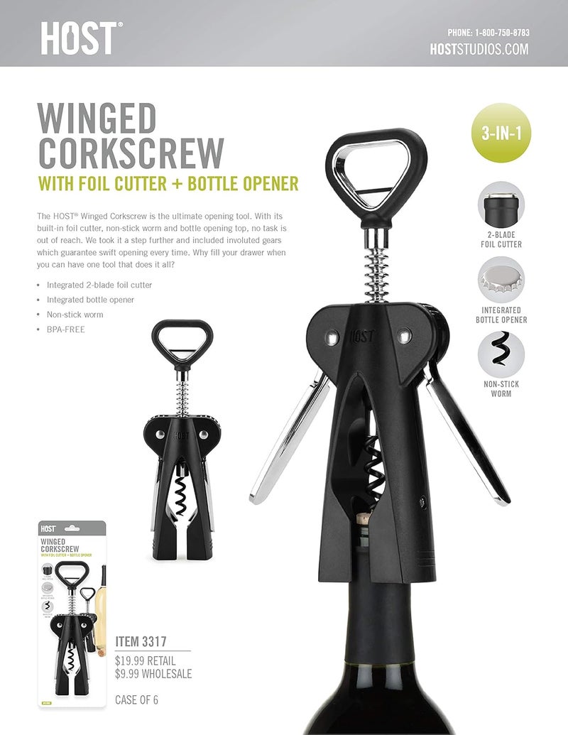 Host Winged Corkscrew, Non-Stick Worm And Bottle Opener, 2-Blade Foil Cutter - Image 5