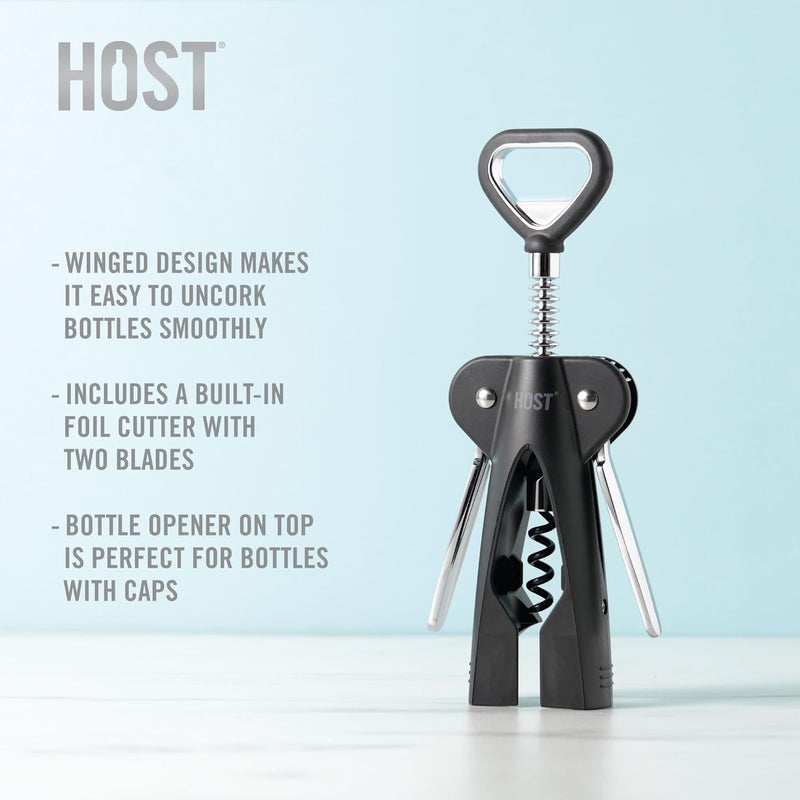 Host Winged Corkscrew, Non-Stick Worm And Bottle Opener, 2-Blade Foil Cutter - Image 1