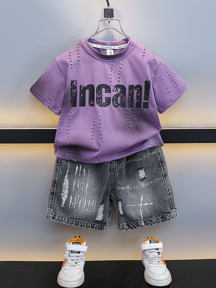 Boys Summer Short-Sleeved Suit Baby Summer Letter T-Shirt Denim Shorts Kidsren'S Two-Piece Trendy Set - Image 4