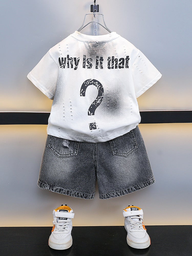 Boys Summer Short-Sleeved Suit Baby Summer Letter T-Shirt Denim Shorts Kidsren'S Two-Piece Trendy Set - Image 3