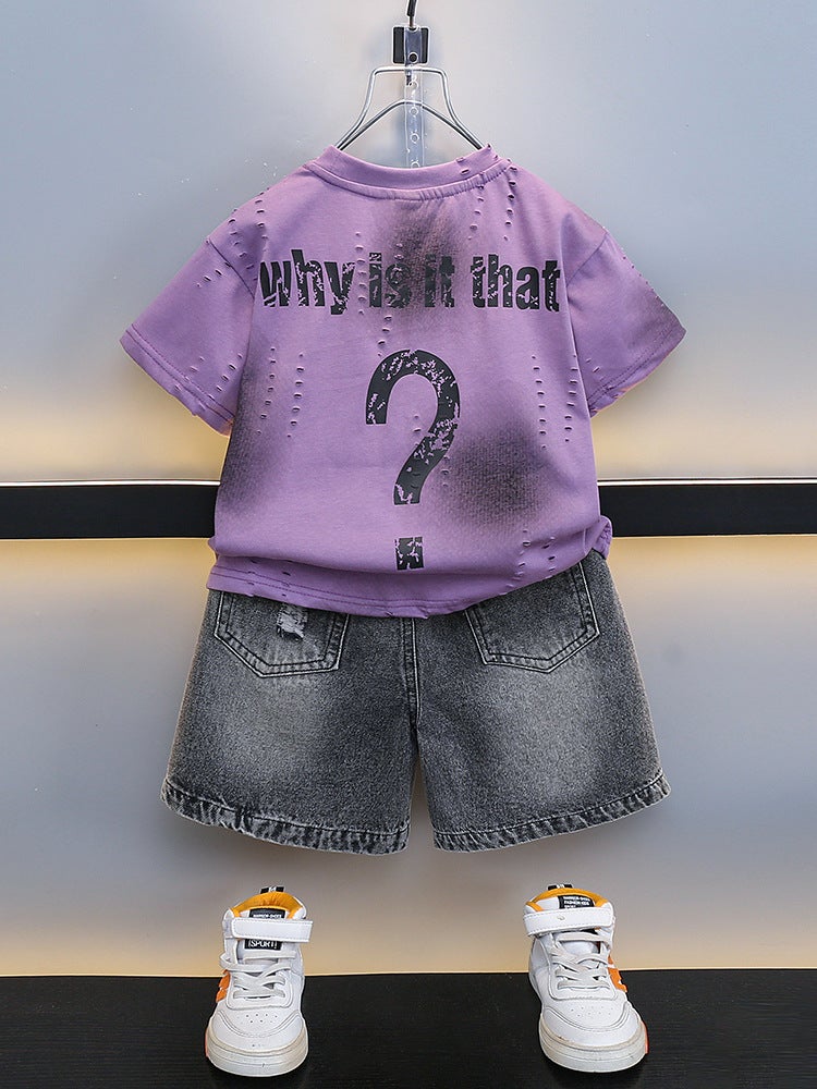 Boys Summer Short-Sleeved Suit Baby Summer Letter T-Shirt Denim Shorts Kidsren'S Two-Piece Trendy Set - Image 5
