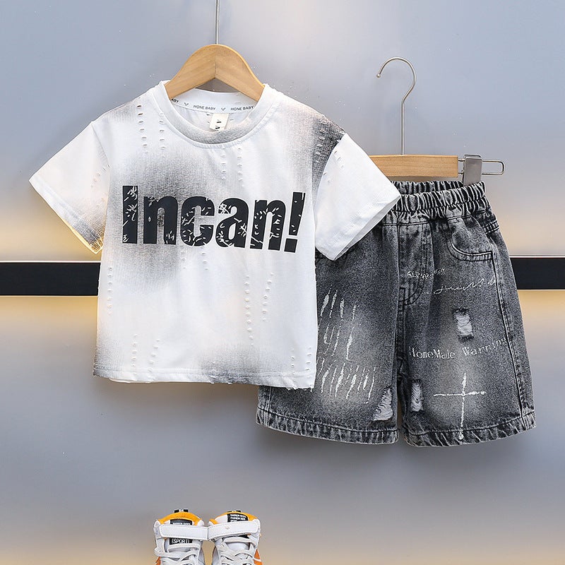 Boys Summer Short-Sleeved Suit Baby Summer Letter T-Shirt Denim Shorts Kidsren'S Two-Piece Trendy Set - Image 1