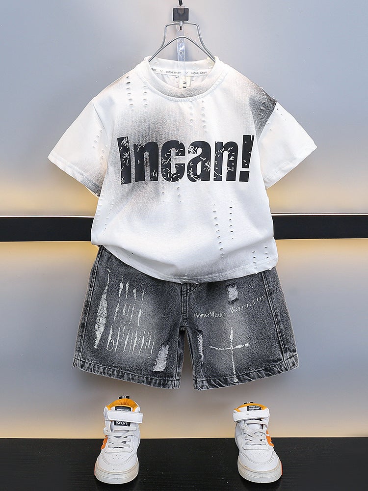 Boys Summer Short-Sleeved Suit Baby Summer Letter T-Shirt Denim Shorts Kidsren'S Two-Piece Trendy Set - Image 2