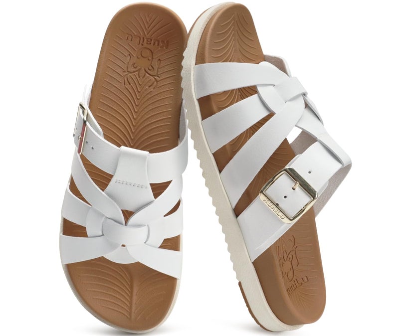 Kuailu Gladiator Sandals for Women Comfortable Arch Support Summer Beach Vacation Walking Travel Flats Orthopedic Strappy Slides Boho Dress Outfits Fisherman Slip on Cushion Leather Shoes White Size 8 - Image 1