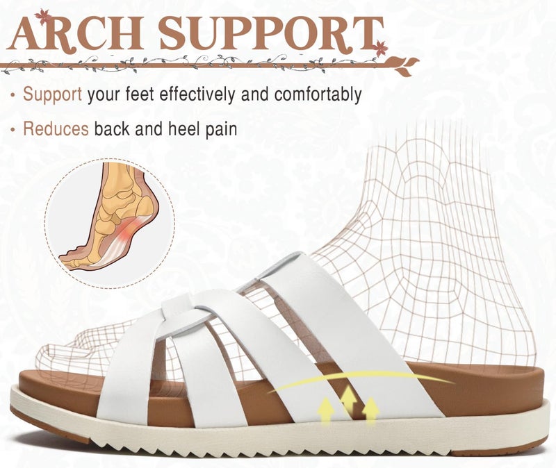 Kuailu Gladiator Sandals for Women Comfortable Arch Support Summer Beach Vacation Walking Travel Flats Orthopedic Strappy Slides Boho Dress Outfits Fisherman Slip on Cushion Leather Shoes White Size 8 - Image 4