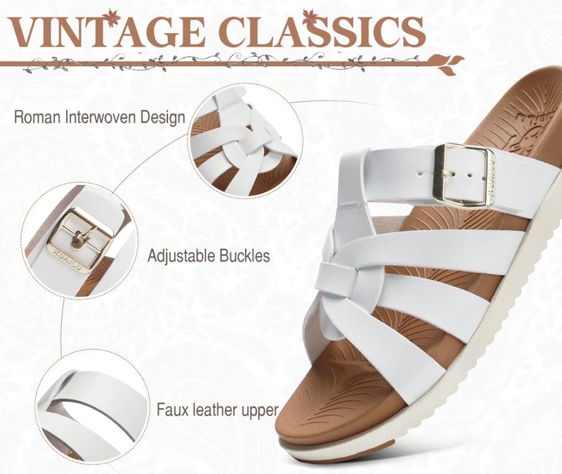Kuailu Gladiator Sandals for Women Comfortable Arch Support Summer Beach Vacation Walking Travel Flats Orthopedic Strappy Slides Boho Dress Outfits Fisherman Slip on Cushion Leather Shoes White Size 8 - Image 3