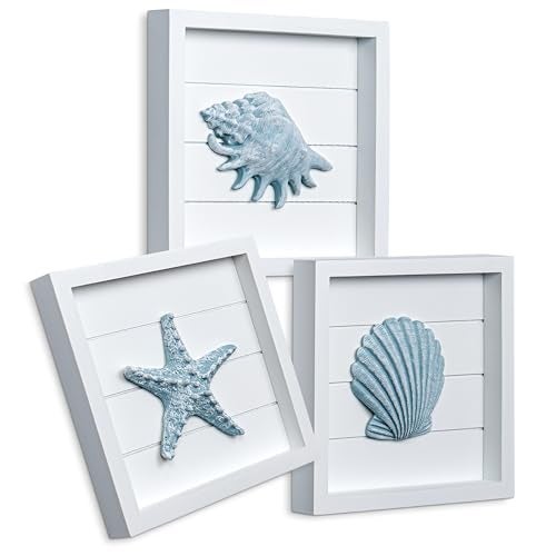 Tide and Tales TideAndTales Blue Seashells and Starfish Framed Set of 3 Coastal 3D Wall Art Beach Wall Decor for Bathroom or Coastal Bedroom Ocean Inspired Seaside Decorations for Home or Beach House 7x7