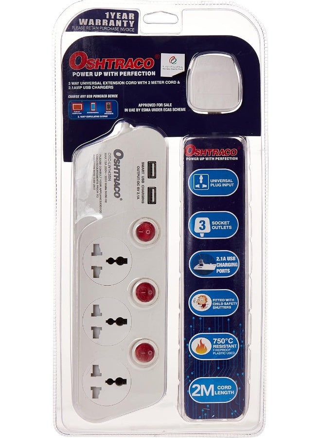 OSHTRACO كابل تمديد مع مفتاح ثلاثي من أوشتراكو بطول 2 متر و 2.1A USB - Image 1