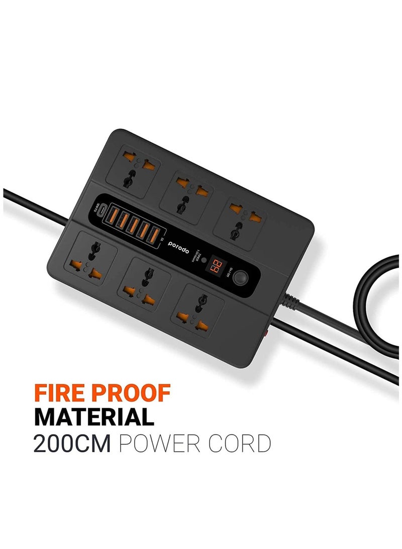 Universal Power Socket, 6 AC Output 5 USB Port & USB-C PD 18W Multiport Socket, Power HUB Built-in Timer, Fire-Proof Material Power Strip, 200cm Extension Cord, Charging Station (Black) - Image 3