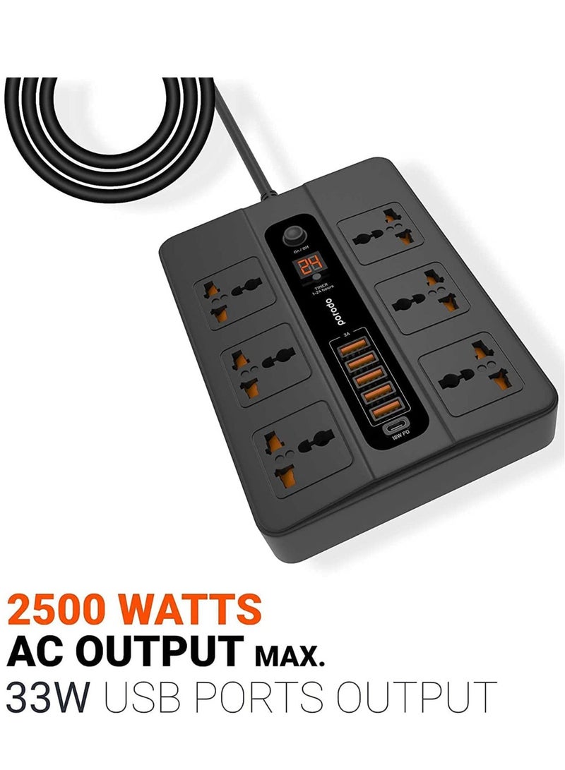 Universal Power Socket, 6 AC Output 5 USB Port & USB-C PD 18W Multiport Socket, Power HUB Built-in Timer, Fire-Proof Material Power Strip, 200cm Extension Cord, Charging Station (Black) - Image 2