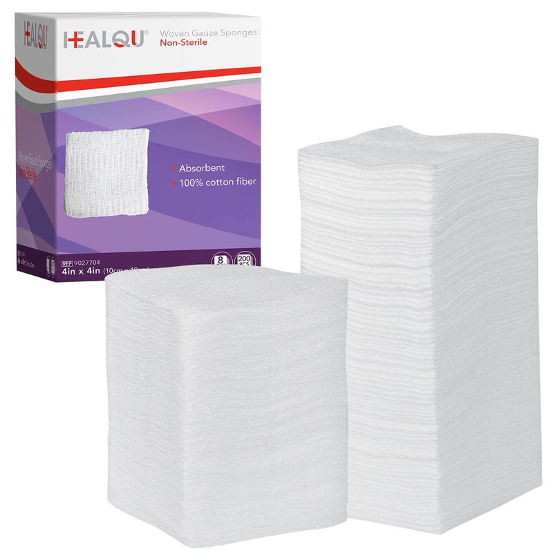 HEALQU 4x4 Gauze Pads - 12 Ply Woven Pack of 200 - Ultra Absorbent Soft Non-Sterile Surgical Sponges for Wound Dressing, Debridement, Cleaning and Prepping - Image 1